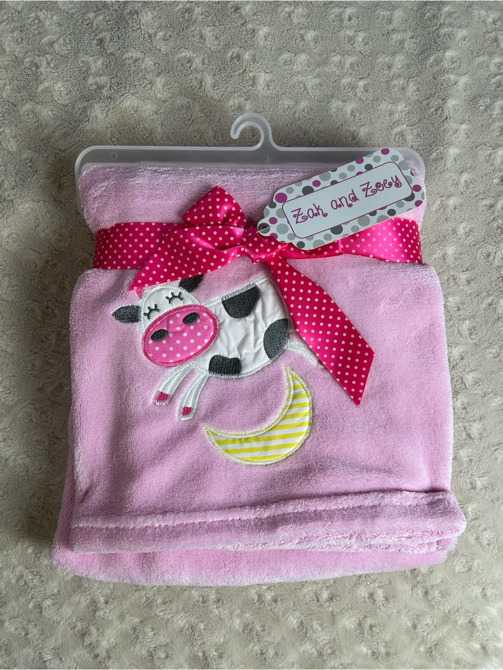 Zak & Zoey Cow Jumping Over the Moon Pink Baby Blanket Gray White Yellow NEW